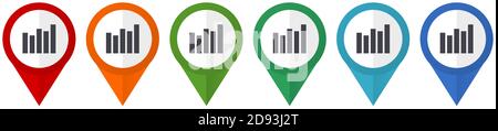 Grafico, puntatori vettoriali di diagrammi, insieme di icone colorate a disegno piatto isolate su sfondo bianco Illustrazione Vettoriale