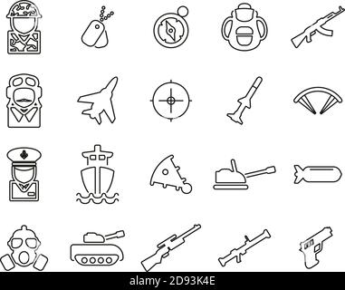 Icone militari o dell'esercito Set sottile in bianco e nero Grande Illustrazione Vettoriale