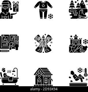 Le icone glifo nero della stagione festiva sono impostate sullo spazio bianco Illustrazione Vettoriale