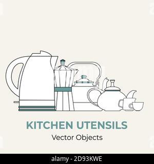Bevanda caffè tè set concetto vettore isolato. Bollitore per tè tazza tazza macchina per caffè moka pot semplice forma illustrazione Illustrazione Vettoriale