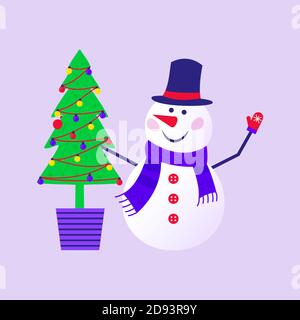 Buon Natale carino biglietto d'auguri con pupazzo di neve con cappello e sciarpa per felici regali di nuovo anno. Set di stile scandinavo per invito, camera per bambini, Illustrazione Vettoriale