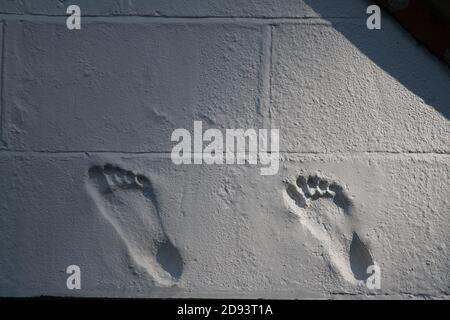 Due impressioni di piedi nel rendering su una parete della casa. Forse dei proprietari. Foto Stock