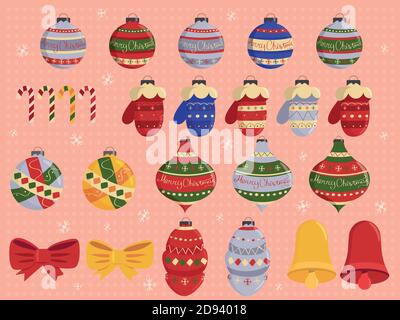 Set di palline di Natale disegnate a mano con vettore isolato. Palline vettoriali colorate Illustrazione Vettoriale