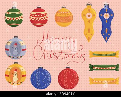 Set di palle di natale vintage. Icone colorate isolate. Illustrazione Vettoriale