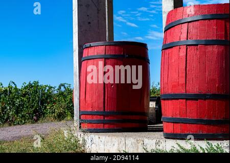 Primo piano del legno di botti di vino in luce solare Foto Stock