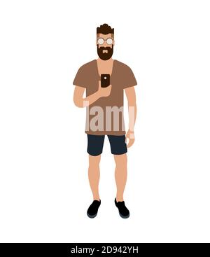 Uomo hipster che fa selfie. Personaggio cartoon con barba in t-shirt marrone e camicie nere. Vettore EPS 10. Illustrazione Vettoriale