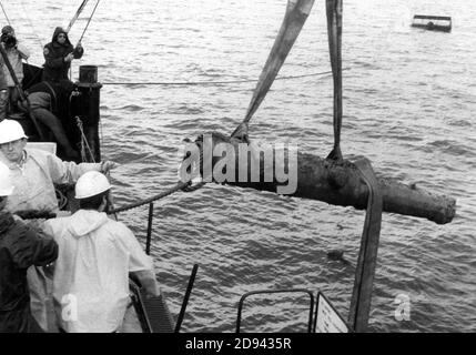 UNA PISTOLA DI BRONZO VIENE TRASCINATA A BORDO DELLA NAVE DI SALVATAGGIO MARY ROSE SLEIPNER. PORTSMOUTH 1981 Foto Stock