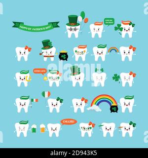 St Patrick cute denti icona insieme isolato su sfondo. Illustrazione Vettoriale