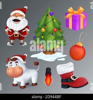Il set natalizio include un albero, una confezione regalo, uno scarpone rosso, una lampada da terra, una palla, Babbo Natale, un toro bianco - un simbolo dell'anno. Gruppo vettoriale di cartone animato Illustrazione Vettoriale