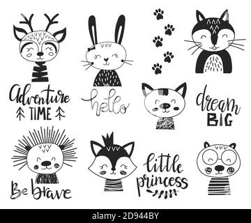Set di graziosi animali monocromatici disegnati a mano in stile scandinavo con scritte ispiratrici. Illustrazione vettoriale in stile doodle. Cervo, riccio, volpe Illustrazione Vettoriale