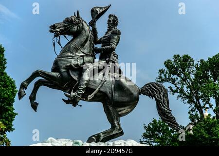 Statua di bronzo del generale Andrew Jackson in Lafayette Square situata nel President's Park di Washington, D.C. Foto Stock