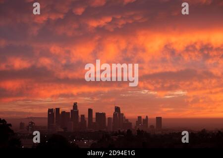 Luce dorata sullo skyline del centro di Los Angeles al tramonto Vista dal parco Elysian Foto Stock