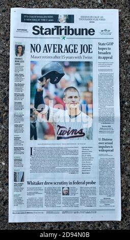 StarTribune 10 novembre 2018 titolo della prima pagina che celebra il ritiro del giocatore di baseball dei Minnesota Twins Joe Mauer. St Paul Minnesota, Minnesota, Stati Uniti Foto Stock