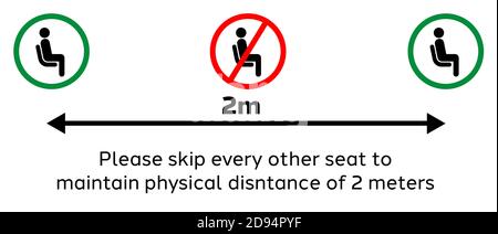 Linee guida per i posti a sedere per i luoghi pubblici. Pittogramma per incoraggiare le persone a mantenere una distanza fisica o sociale di 2 metri per frenare la diffusione di COVID-19. Illustrazione Vettoriale