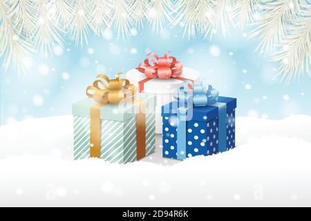Biglietto d'auguri natalizio con scatole regalo nella neve Illustrazione Vettoriale
