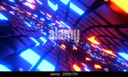 Astratto sfondo futuristico fantascientifico. Movimento volante con sfondo luminoso al neon. Immagine di rendering 3D Foto Stock