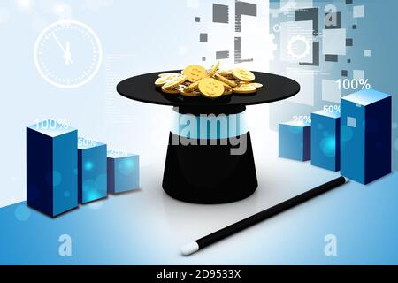 Illustrazione digitale del cappello e della bacchetta magica con monete del dollaro su sfondo bianco Foto Stock