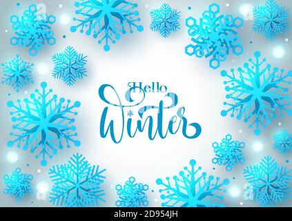 Ciao winter vettore sfondo design. Ciao testo invernale con fiocchi di neve elemento con spazio vuoto bianco per messaggi di saluto per l'inverno. Illustrazione Vettoriale