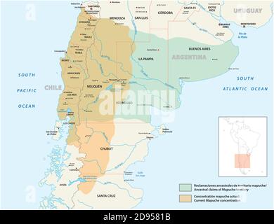 mappa vettoriale area di insediamento delle popolazioni indigene del Mapuche in Cile e Argentina Illustrazione Vettoriale