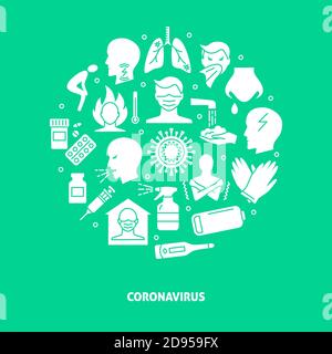 Poster rotondo con coronavirus in stile piatto con testo Illustrazione Vettoriale