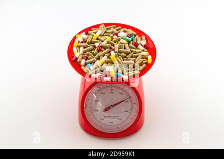 Pillole colorate in scala di peso rosso su sfondo bianco Foto Stock