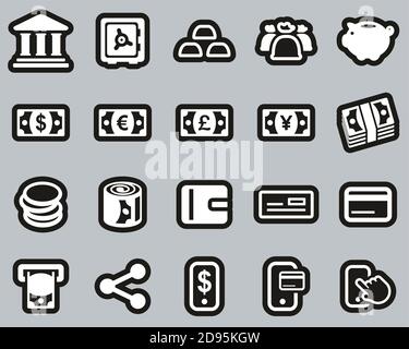 Icone di denaro o valuta Bianco su Set di adesivi neri Grande Illustrazione Vettoriale