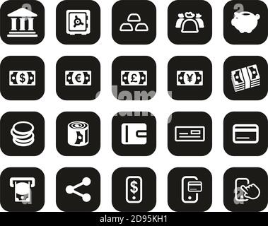 Icone di valuta o denaro bianche su set di design piatto nero Grande Illustrazione Vettoriale