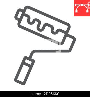 Icona della linea del rullo di vernice, costruzione e riparazione, grafica vettoriale del segno del pennello a rullo, icona lineare del tratto modificabile, eps 10. Illustrazione Vettoriale