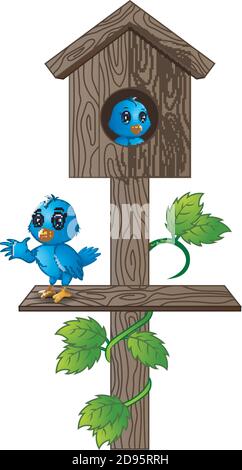 Illustrazione vettoriale dell'uccello blu di Cartoon nella cassetta postale di legno Illustrazione Vettoriale