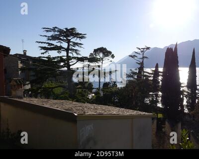 Retro di case storiche sul Lago di Garda Foto Stock