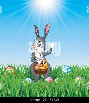 Coniglietto di Pasqua con un cestino con uovo di pasqua e pulcino sullo sfondo dell'erba Illustrazione Vettoriale