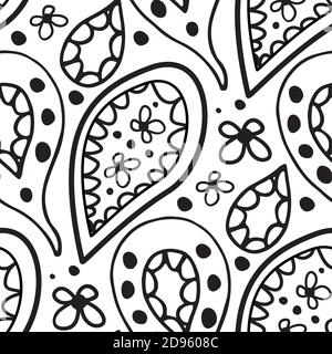 Pattern vettoriale senza giunture a pois. Motivi a foglia nera e petali disegnati a mano su sfondo bianco. Design lineare semplice Illustrazione Vettoriale
