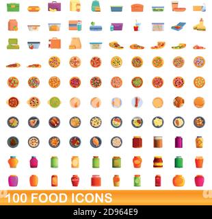 100 food set di icone. Cartoon illustrazione di 100 food icone set di vettore isolato su sfondo bianco Illustrazione Vettoriale