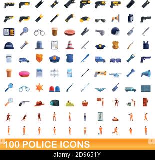 100 set di icone della polizia. Illustrazione cartoon di 100 icone della polizia vettore insieme isolato su sfondo bianco Illustrazione Vettoriale