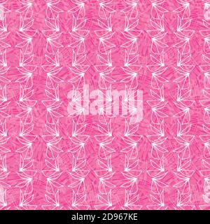 Scrimbolato rosa caldo prato selvaggio foglie senza cuciture vettore pattern sfondo. Sfondo in tela effetto pittorico con dense file di linee d'arte con graffiatura Illustrazione Vettoriale