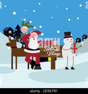 elf in renna con babbo natale e personaggi di natale pupazzo di neve disegno di illustrazione vettoriale Illustrazione Vettoriale