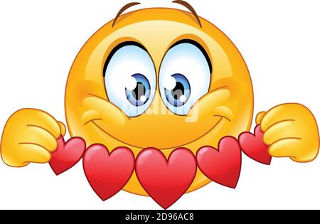 Emoticon emoji felice che tiene i cuori garland mungendo cutouts banner di carta Illustrazione Vettoriale
