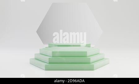 Scalini a piedistallo a giada esagonale con specchio isolato su sfondo bianco. concetto di sfondo astratto minimalistico con rendering 3d per il posizionamento dei prodotti. Foto Stock