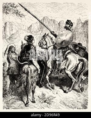 Don Chisciotte, Sancho e la principessa Dorotea. Don Chisciotte di Miguel de Cervantes Saavedra. Antica illustrazione dell'incisione del XIX secolo di Gustave Dore Foto Stock