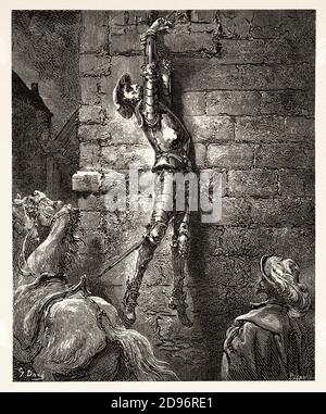 Don Chisciotte, era inevitabilmente caduto a terra. Don Chisciotte di Miguel de Cervantes Saavedra. Antica illustrazione dell'incisione del XIX secolo di Gustave Dore Foto Stock