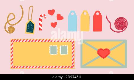 Un set di cartoline e buste. Cartoline e buste isolate disegnate a mano con francobolli. Collezione moderna di disegni di lettere. Vettore Illustrazione Vettoriale