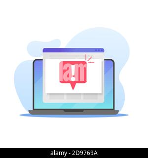 Computer portatile con segnale di avvertenza. Computer con browser aperto e icona con punto esclamativo. Concetto di messaggio urgente, notifica, avviso di errore, problema di virus Illustrazione Vettoriale