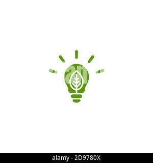 Contorno verde di lampadina elettrica brillante con foglia verde. Isolato su bianco. Icona contorno piatto. Illustrazione vettoriale. Diventa verde. Eco-friendly. Mondo Illustrazione Vettoriale