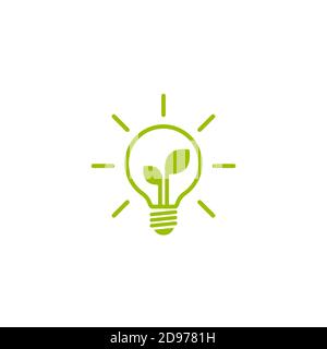 Contorno verde di lampadina elettrica brillante con foglia verde. Isolato su bianco. Icona contorno piatto. Illustrazione vettoriale. Diventa verde. Eco-friendly. Mondo Illustrazione Vettoriale