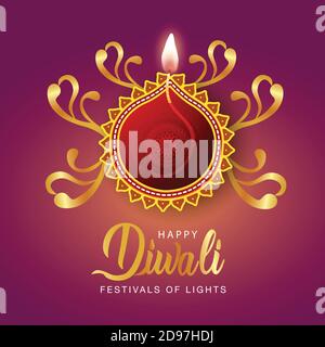 Happy Diwali festeggiamenti sfondo. Vista frontale di banner decorati con lampade a olio illuminate su uno sfondo a motivi eleganti. Vector illustra Illustrazione Vettoriale