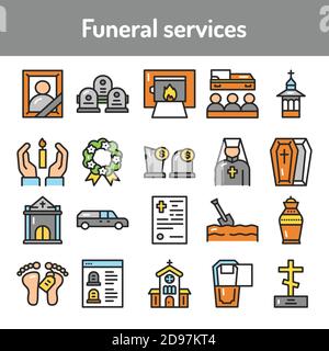Set di icone delle linee a colori dei servizi funerali. Elemento vettoriale isolato. Illustrazione Vettoriale