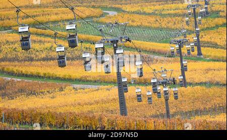 03 novembre 2020, Hessen, Rüdesheim: Le cabine della funivia si trovano ancora sopra i vigneti gialli che brillano sopra Rüdesheim. Un blocco parziale di quattro settimane è in vigore in tutta la Germania per rallentare la diffusione del coronavirus. Foto: Arne Dedert/dpa Foto Stock