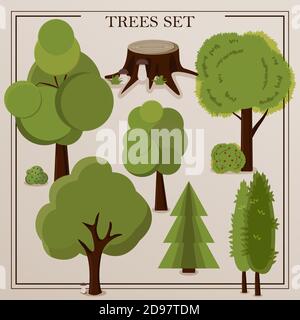 Un insieme di alberi di cartoni animati di grafite. Vettore piatto illustrazione con alberi, abete rosso, thuja, cespugli con frutti di bosco, ceppo con funghi. Elegante immagine retrò per lavorare con illustrazioni stradali. Set di alberi astratti stilizzati. Illustrazione naturale. Illustrazione Vettoriale