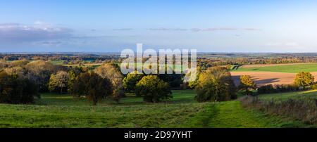 La calda luce della sera cade in una scena rurale della campagna dell'Hampshire nel parco nazionale di South Downs, Inghilterra. Immagine panoramica ad alta risoluzione Foto Stock