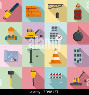 Set di icone per lavori di demolizione, stile piatto Illustrazione Vettoriale